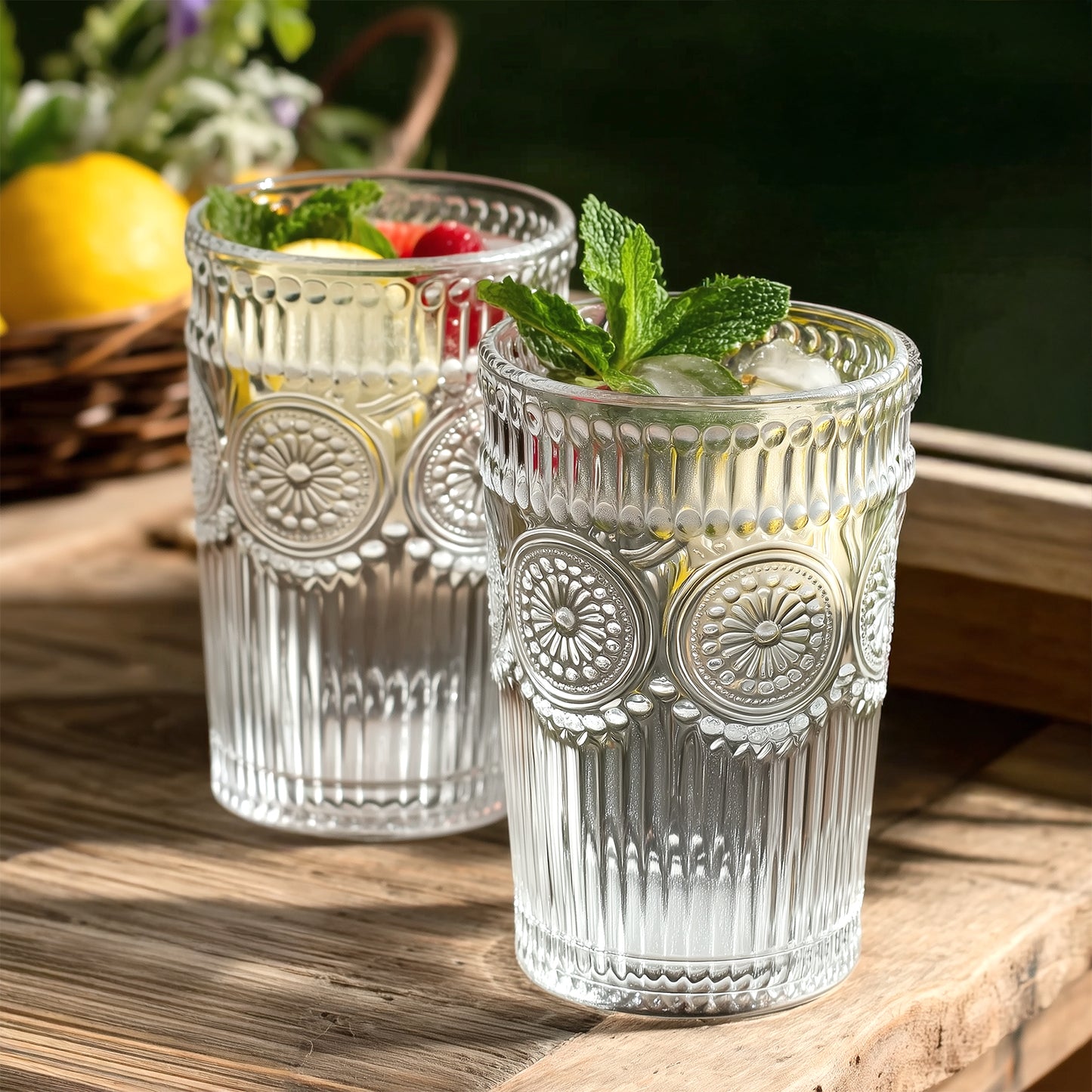 6 Pack Embossed Glass Tumblers – 13oz Clear Vintage Textured Floral Drinking Cups for Water & Cocktails