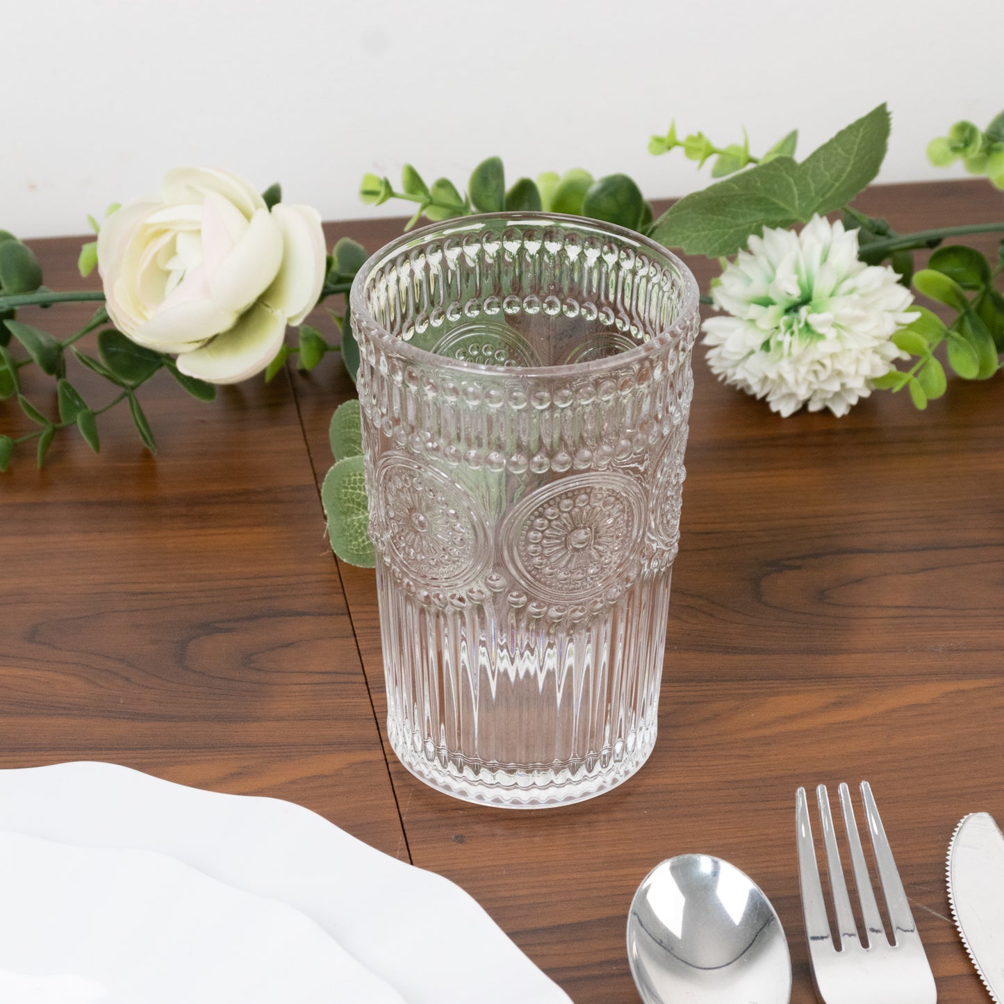 6 Pack Embossed Glass Tumblers – 13oz Clear Vintage Textured Floral Drinking Cups for Water & Cocktails