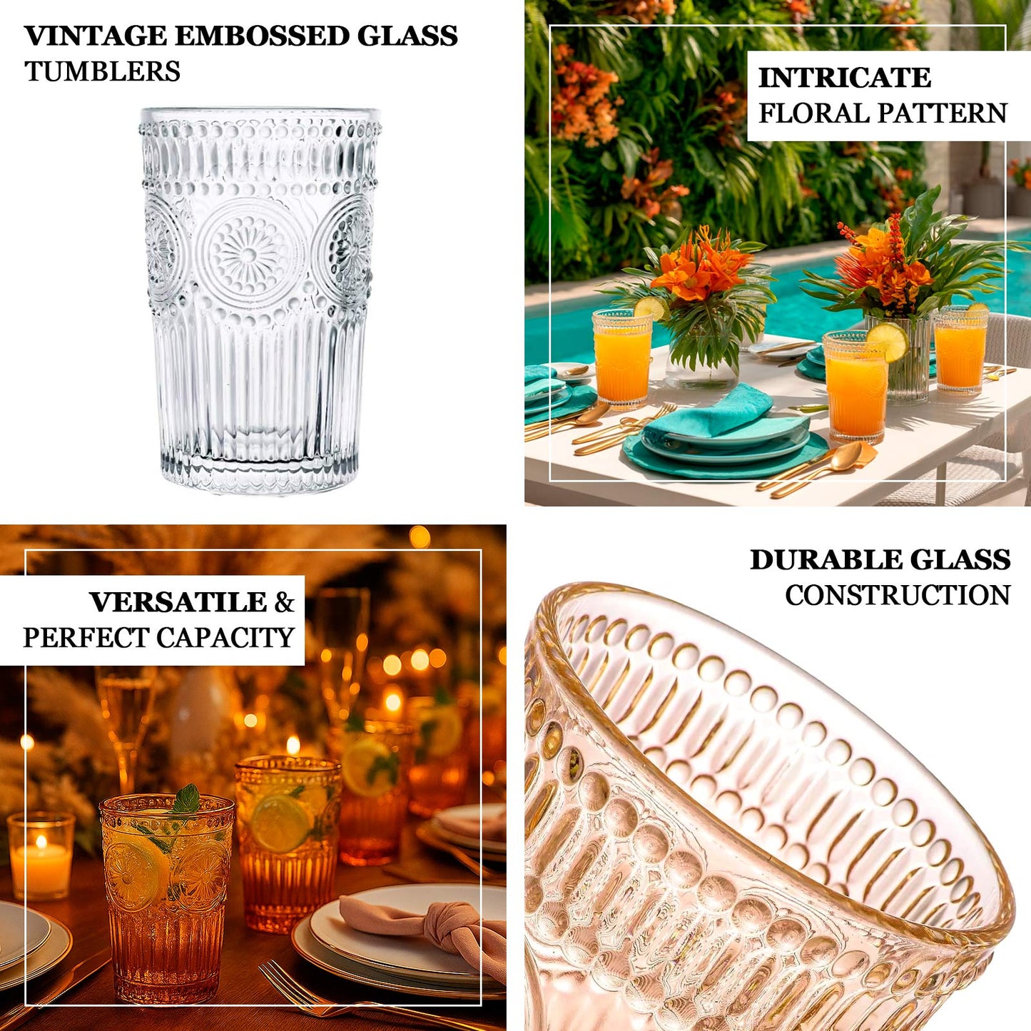 6 Pack Embossed Glass Tumblers – 13oz Vintage Textured Floral Drinking Cups