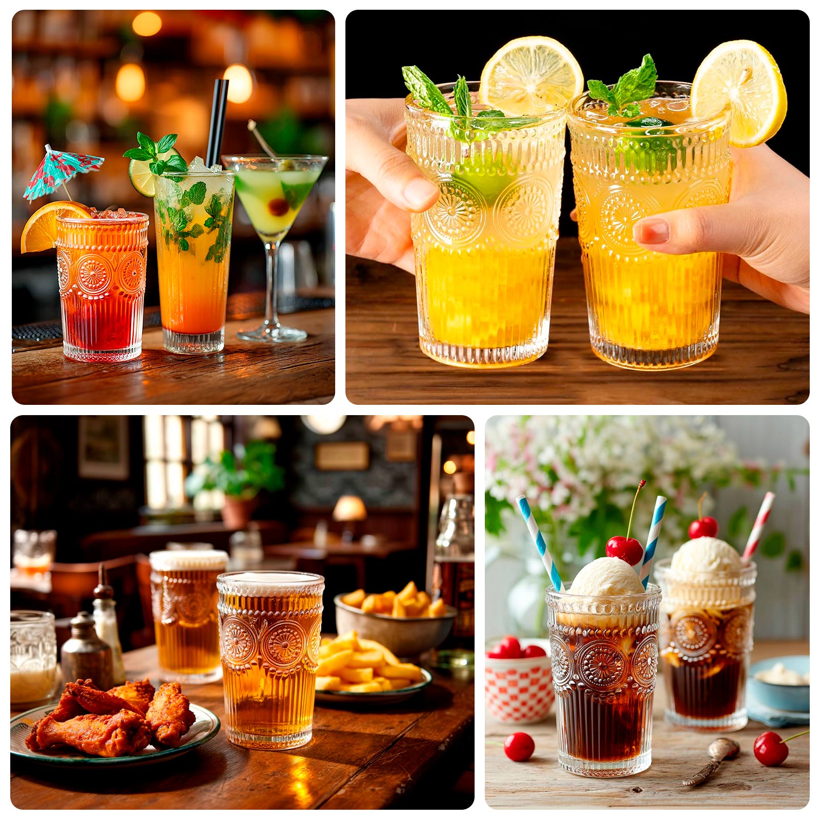 6 Pack Embossed Glass Tumblers – 13oz Vintage Textured Floral Drinking Cups