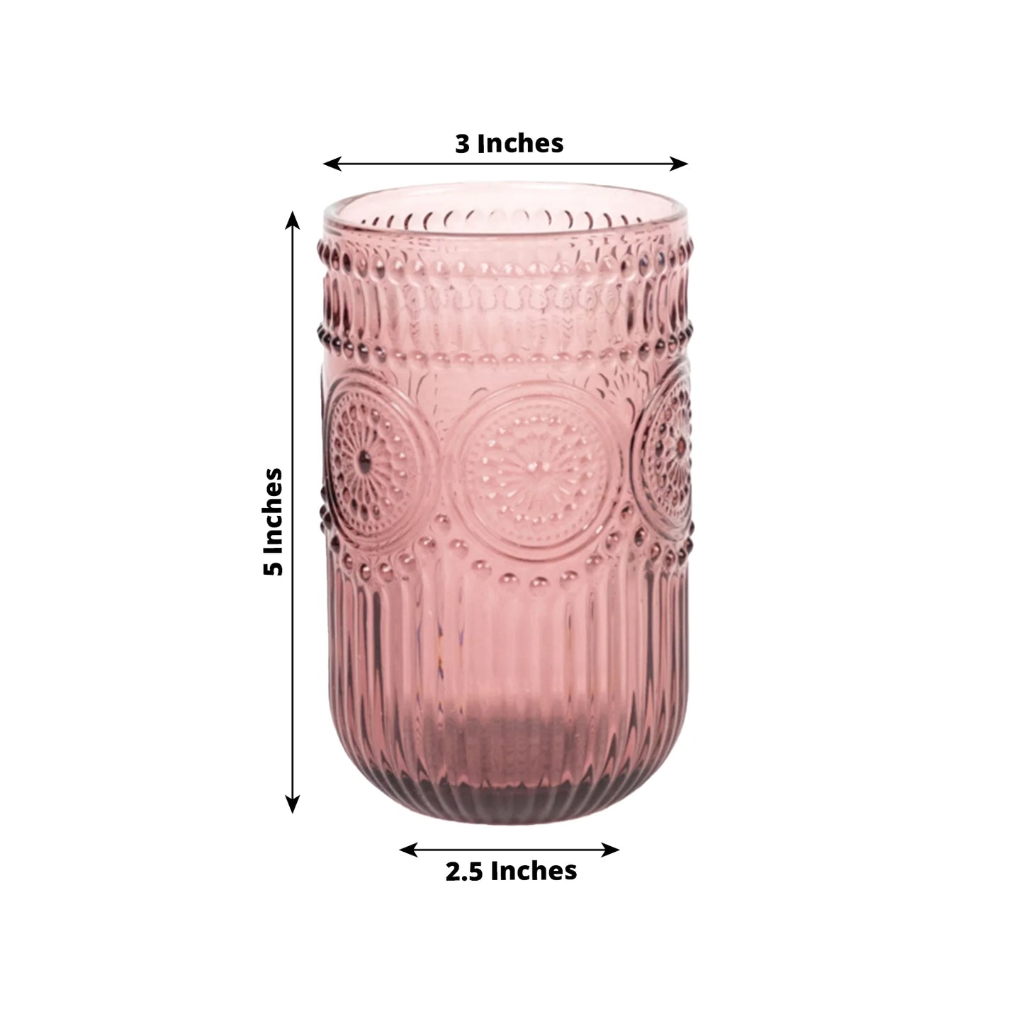 Vintage Embossed Drinking Glasses, Highball Cocktail Glass Tumblers with Textured Floral Pattern - Dusty Rose, 14oz, 6-Pack