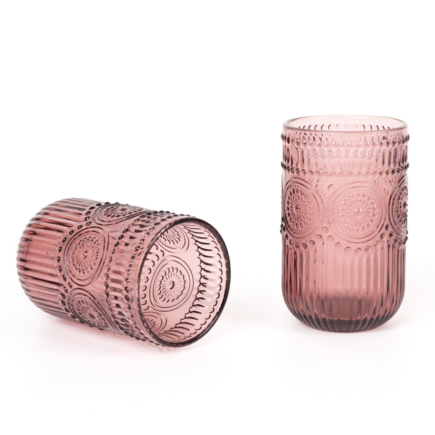 Vintage Embossed Drinking Glasses, Highball Cocktail Glass Tumblers with Textured Floral Pattern - Dusty Rose, 14oz, 6-Pack