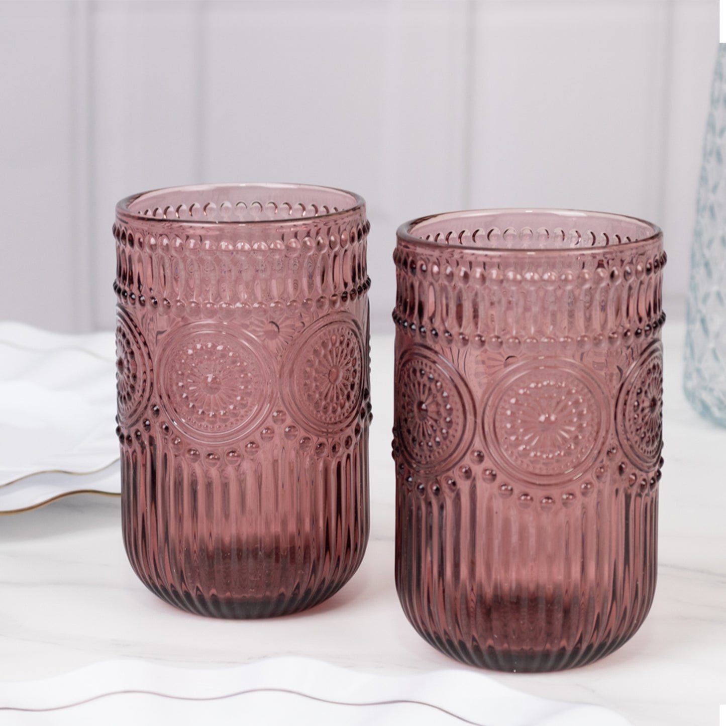 Vintage Embossed Drinking Glasses, Highball Cocktail Glass Tumblers with Textured Floral Pattern - Dusty Rose, 14oz, 6-Pack