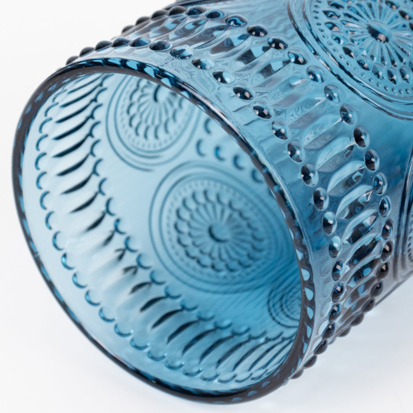 Vintage Embossed Drinking Glasses, Highball Cocktail Glass Tumblers with Textured Floral Pattern - Ocean Blue, 14oz, 6-Pack