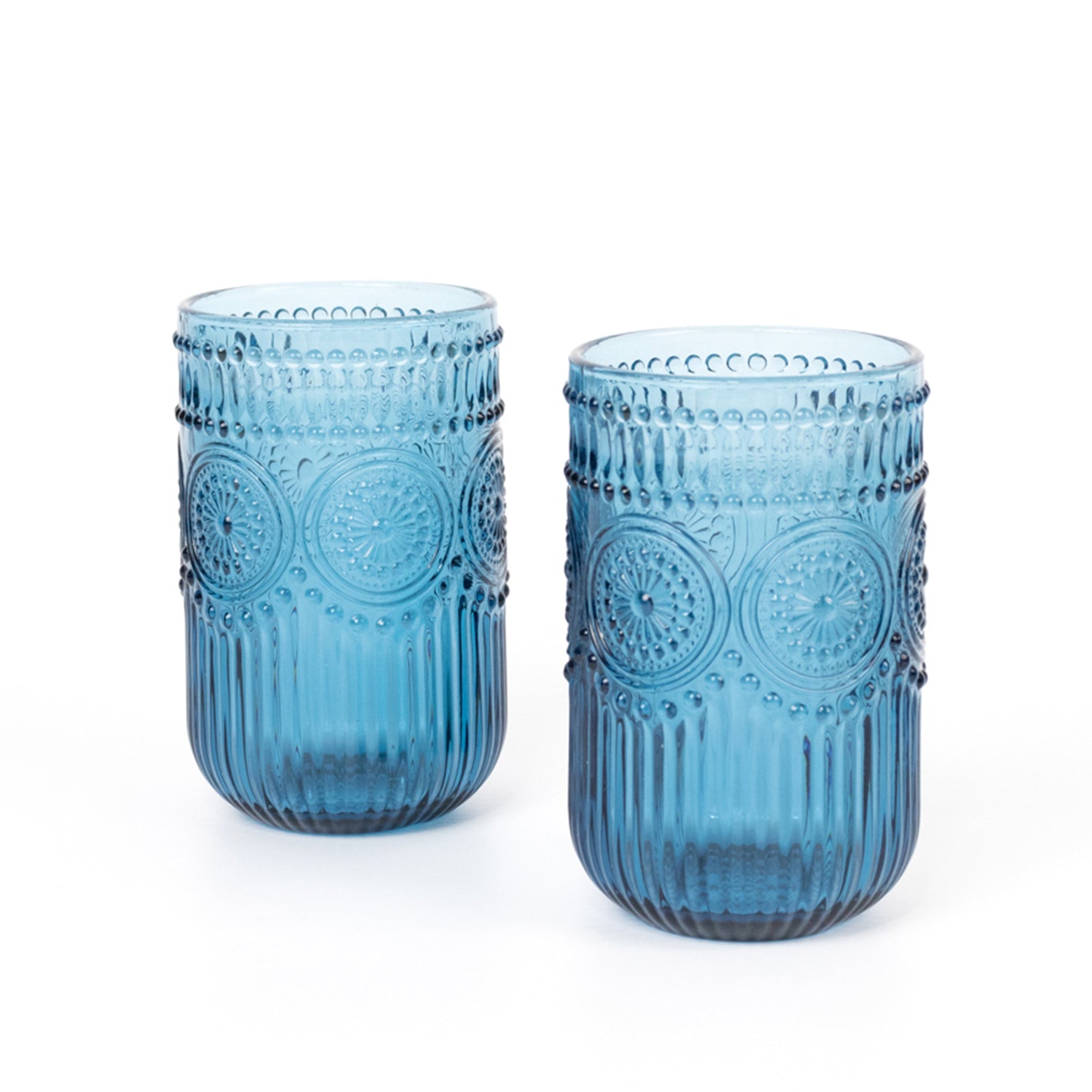 Vintage Embossed Drinking Glasses, Highball Cocktail Glass Tumblers with Textured Floral Pattern - Ocean Blue, 14oz, 6-Pack