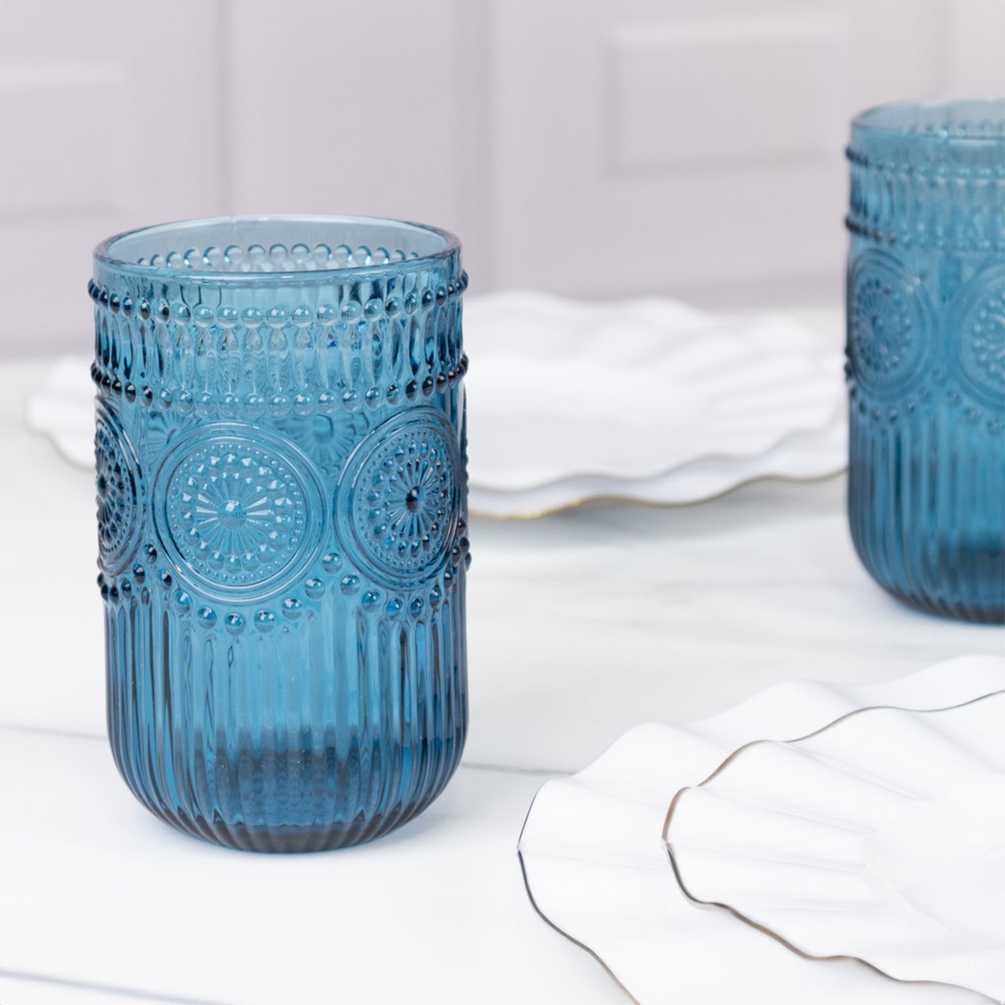 Vintage Embossed Drinking Glasses, Highball Cocktail Glass Tumblers with Textured Floral Pattern - Ocean Blue, 14oz, 6-Pack