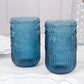 Vintage Embossed Drinking Glasses, Highball Cocktail Glass Tumblers with Textured Floral Pattern - Ocean Blue, 14oz, 6-Pack