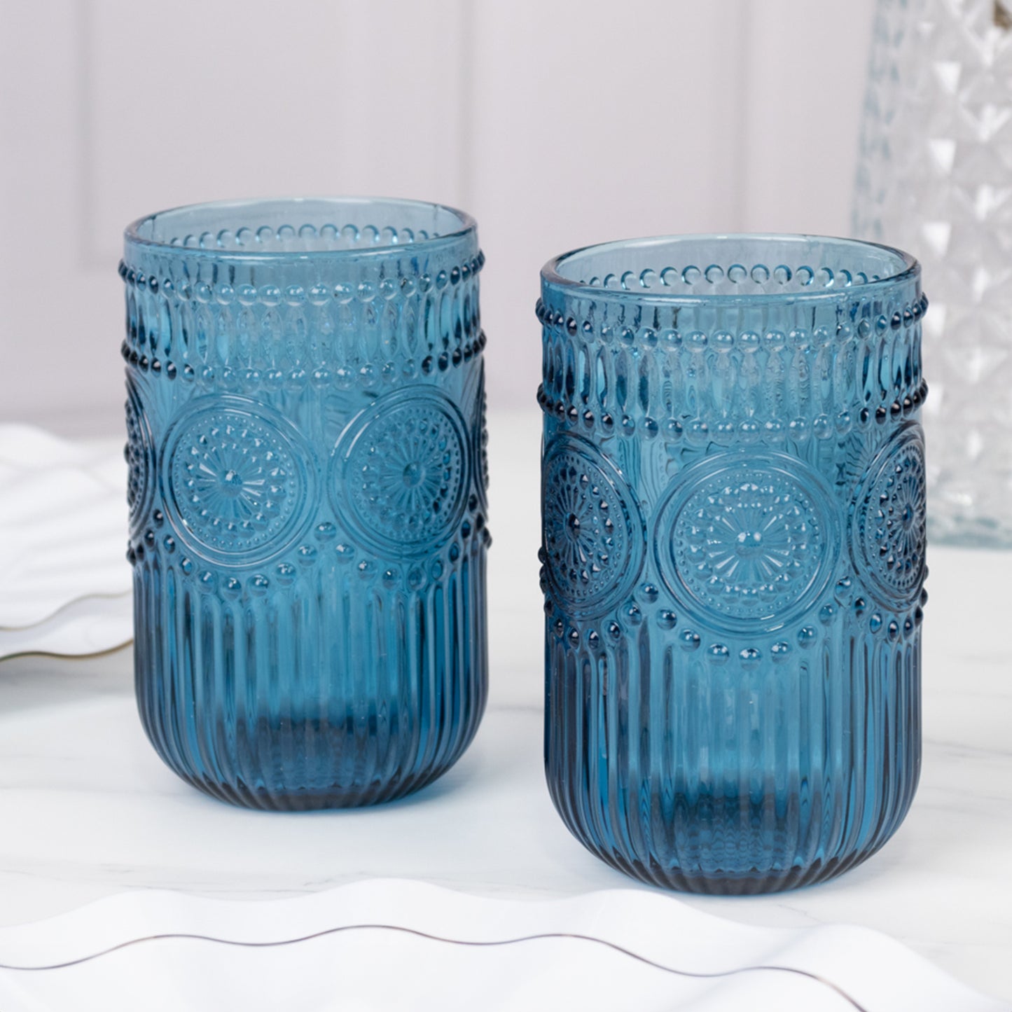 Vintage Embossed Drinking Glasses, Highball Cocktail Glass Tumblers with Textured Floral Pattern - Ocean Blue, 14oz, 6-Pack