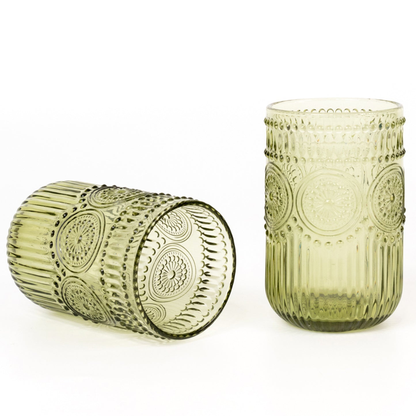 Vintage Embossed Drinking Glasses, Highball Cocktail Glass Tumblers with Textured Floral Pattern - Dusty Sage Green, 14oz, 6-Pack