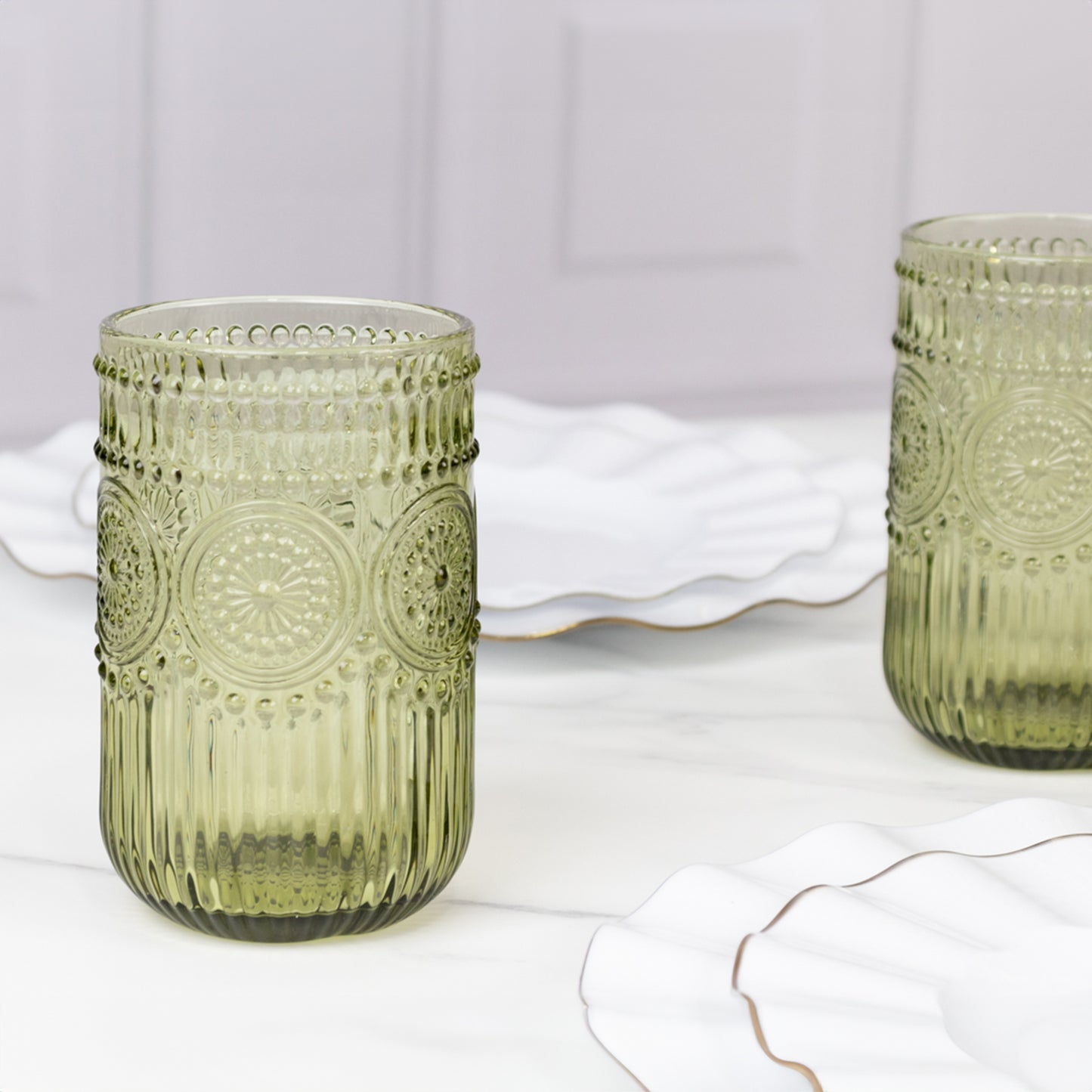 Vintage Embossed Drinking Glasses, Highball Cocktail Glass Tumblers with Textured Floral Pattern - Dusty Sage Green, 14oz, 6-Pack