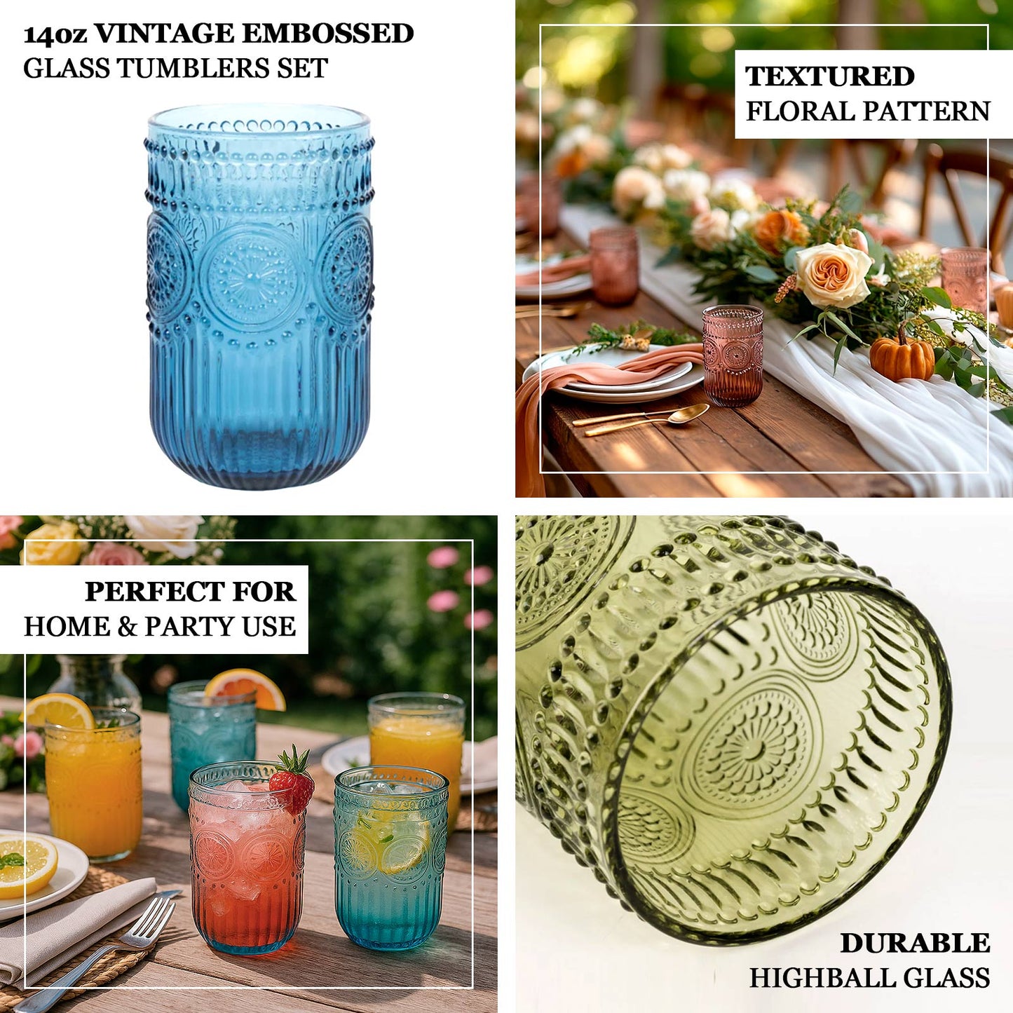 Vintage Embossed Drinking Glasses, Highball Cocktail Glass Tumblers with Textured Floral Pattern - Dusty Sage Green, 14oz, 6-Pack