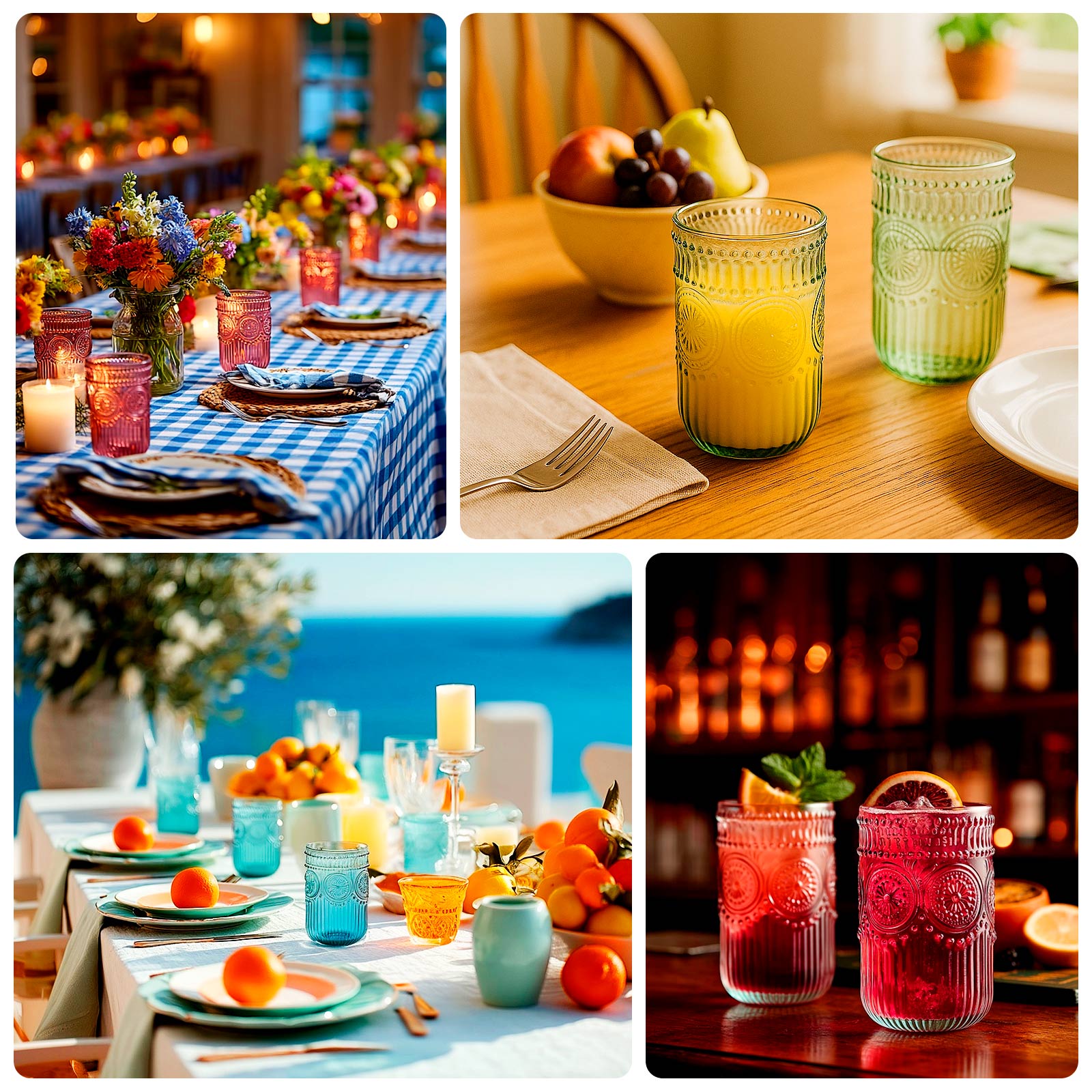 Vintage Embossed Drinking Glasses, Highball Cocktail Glass Tumblers with Textured Floral Pattern - Dusty Rose, 14oz, 6-Pack
