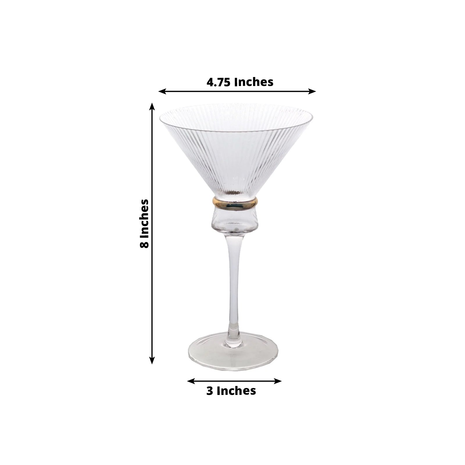 Clear martini glass with ribbed design and gold ring accent, 10oz capacity.