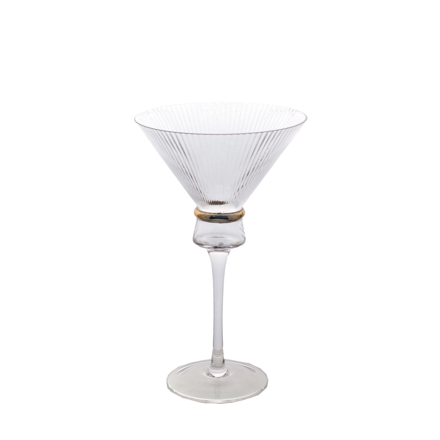 Clear martini glass with ribbed design and gold ring accent.