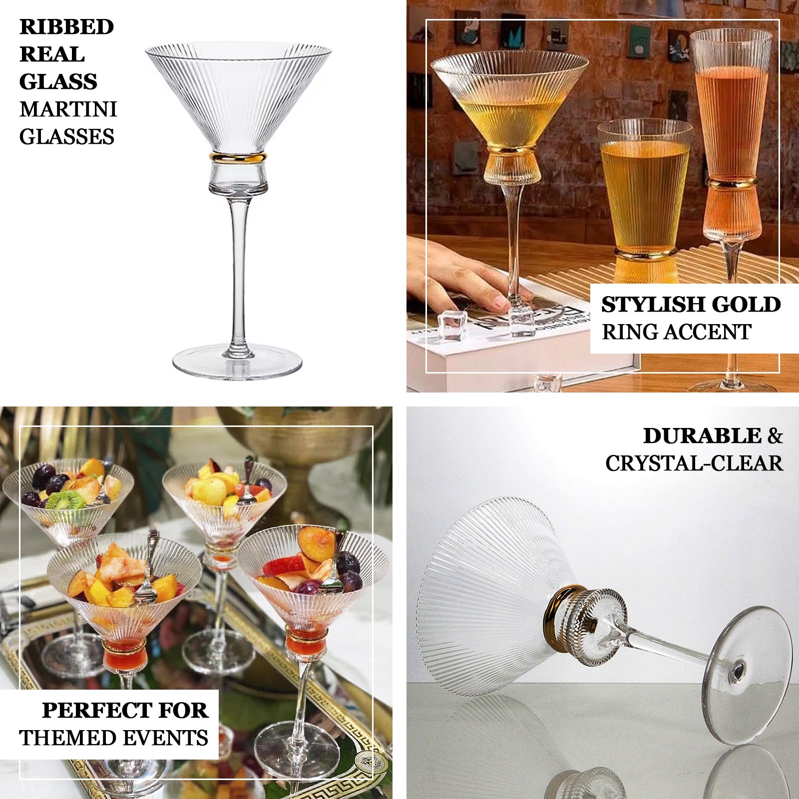 Clear martini glasses with ribbed design and gold ring accent, elegant for cocktails.