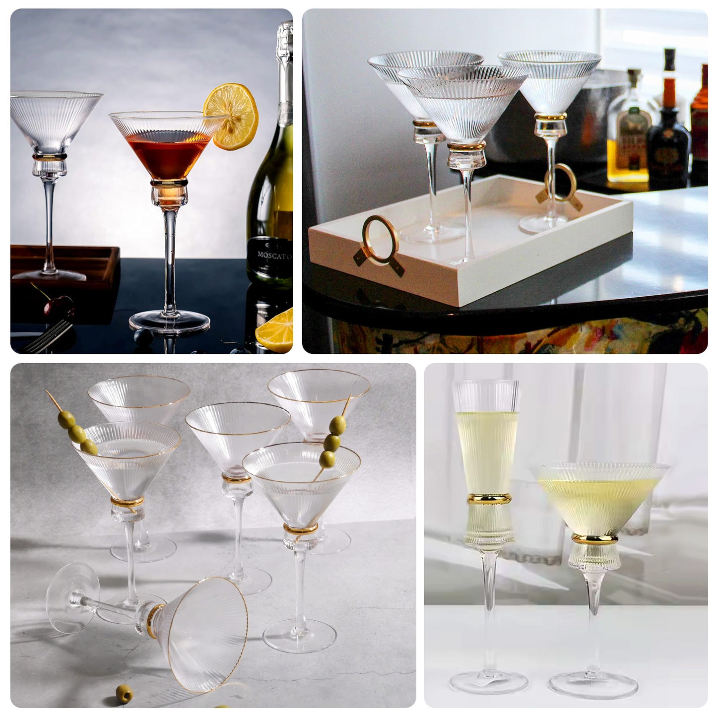 Clear martini glasses with gold ring accents, elegant design for cocktails.