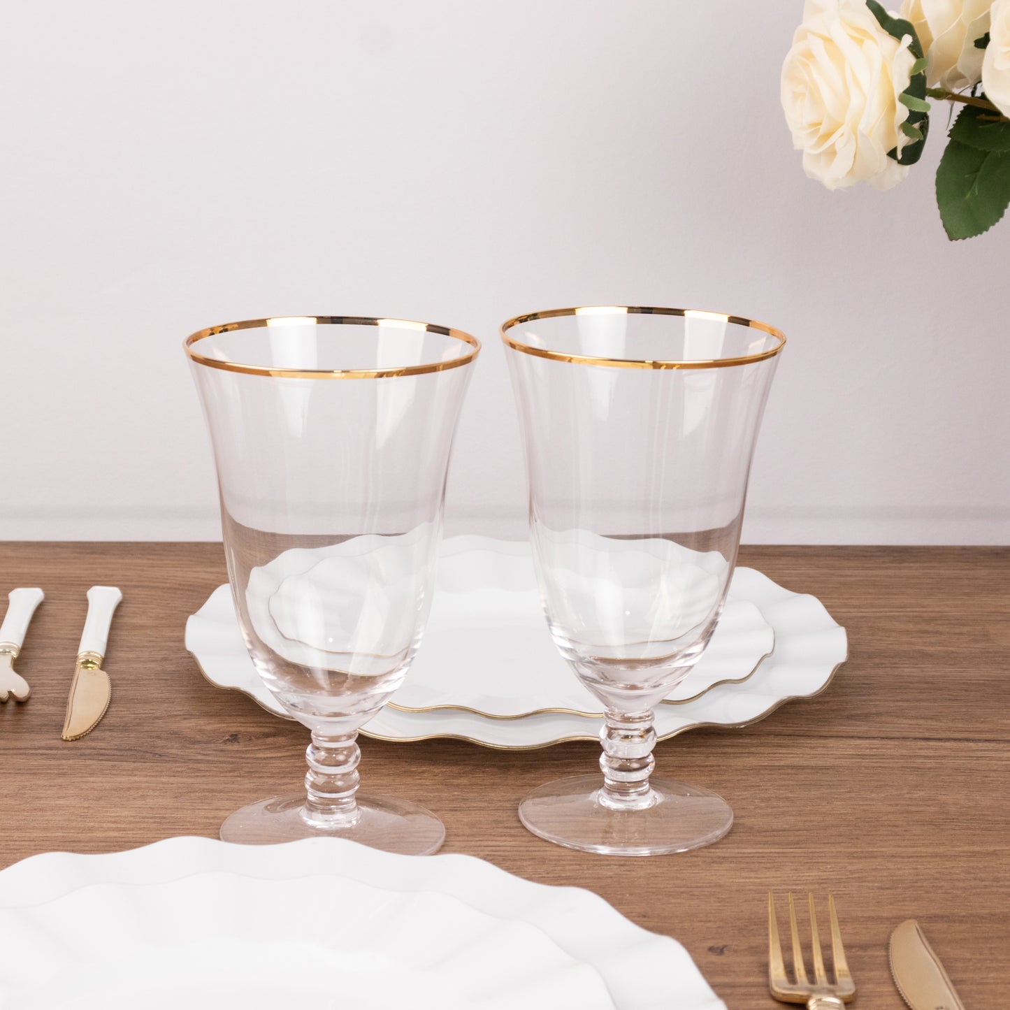 6 Pack Crystal Gold Rimmed Red Wine Glasses with Short Beaded Stem, 16oz Clear Water Goblet Cocktail Glasses - 7"