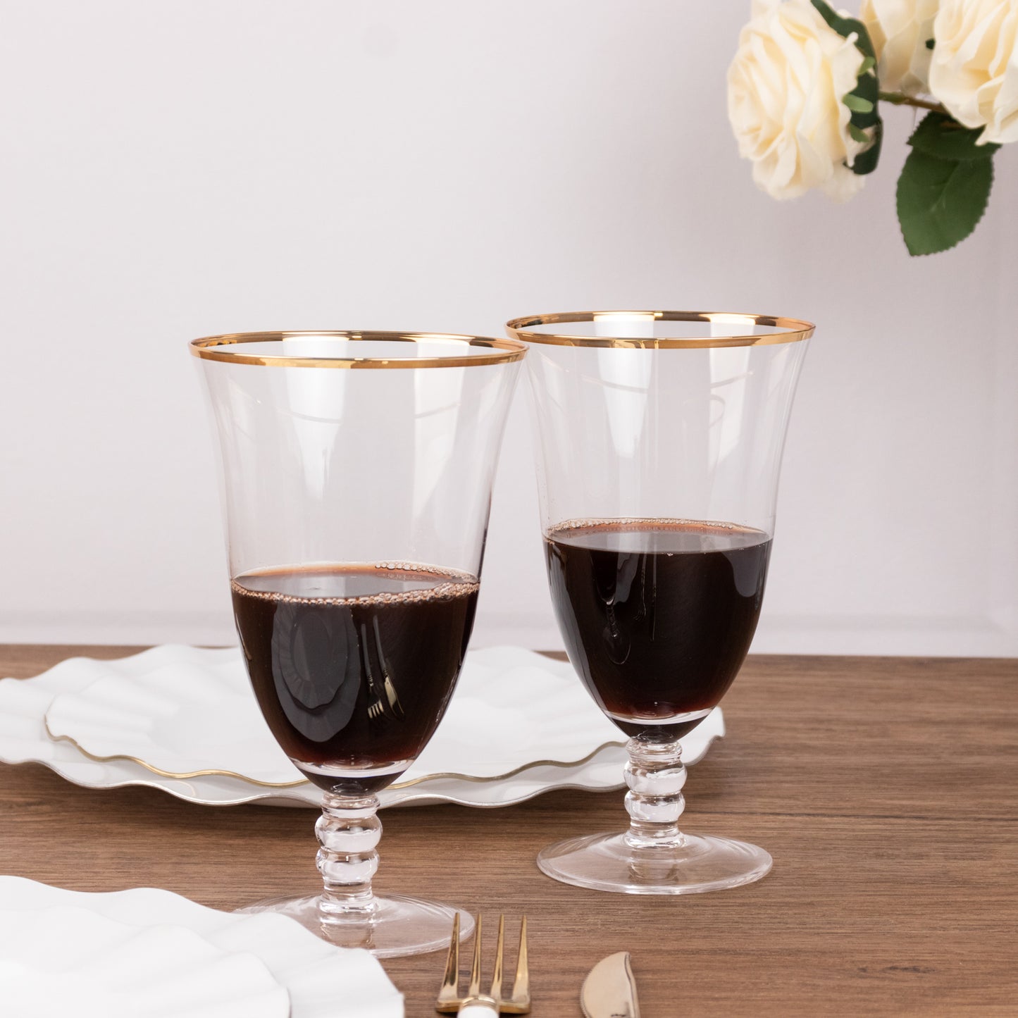 6 Pack Crystal Gold Rimmed Red Wine Glasses with Short Beaded Stem, 16oz Clear Water Goblet Cocktail Glasses - 7"