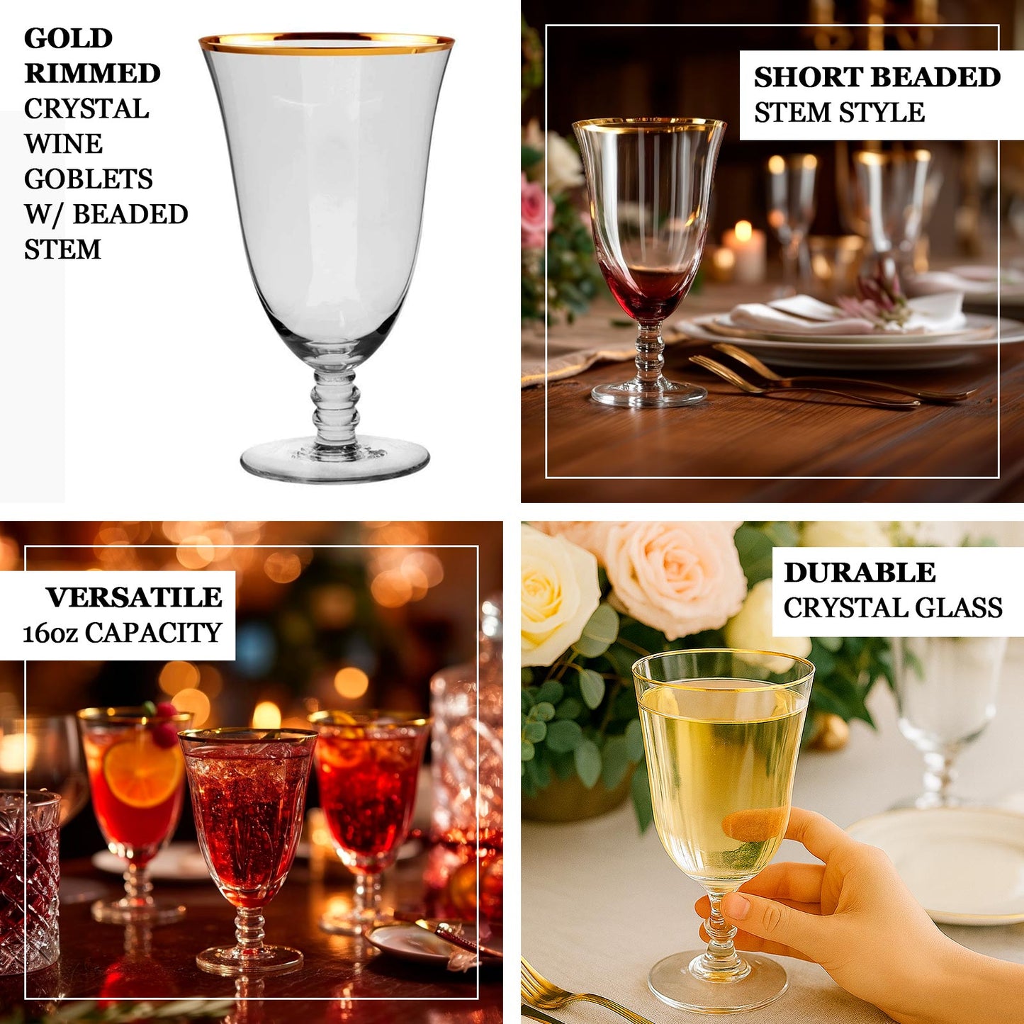 6 Pack Crystal Gold Rimmed Red Wine Glasses with Short Beaded Stem, 16oz Clear Water Goblet Cocktail Glasses - 7"