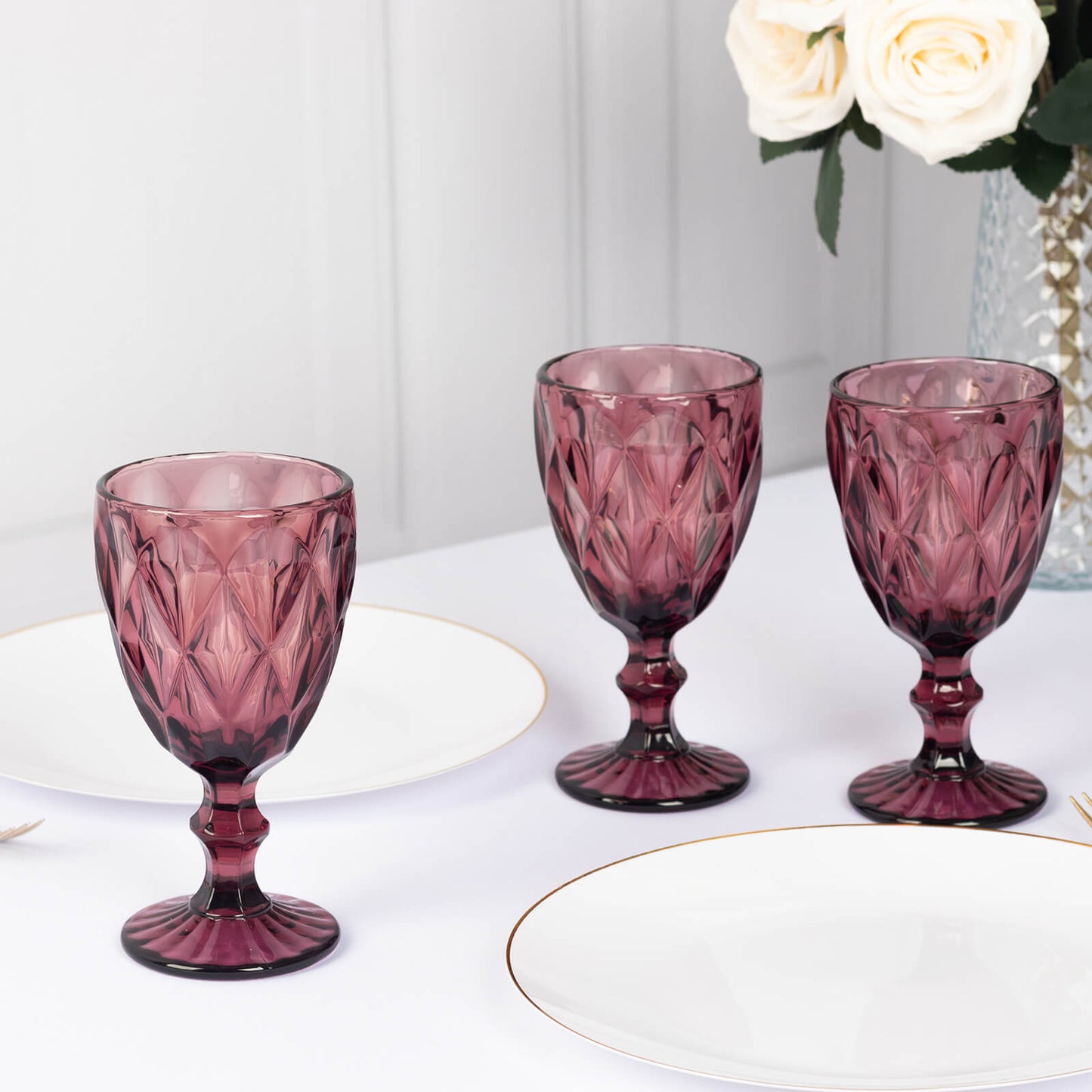 6 Pack Dusty Rose Crystal Cut Cocktail Glasses, 12oz Embossed Stemmed Colored Wine Glasses Goblets - 7"