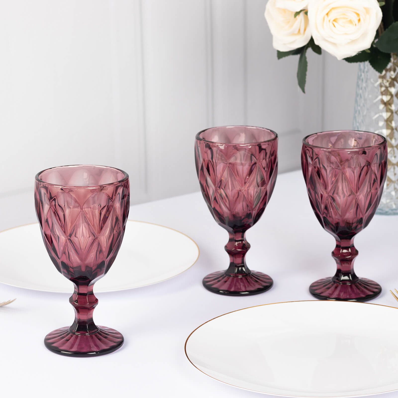 6 Pack Dusty Rose Crystal Cut Cocktail Glasses, 12oz Embossed Stemmed Colored Wine Glasses Goblets - 7"