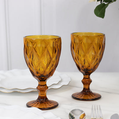 Crystal Cut Wine Glasses 12oz – Embossed Design Stemmed Transparent Amber Gold