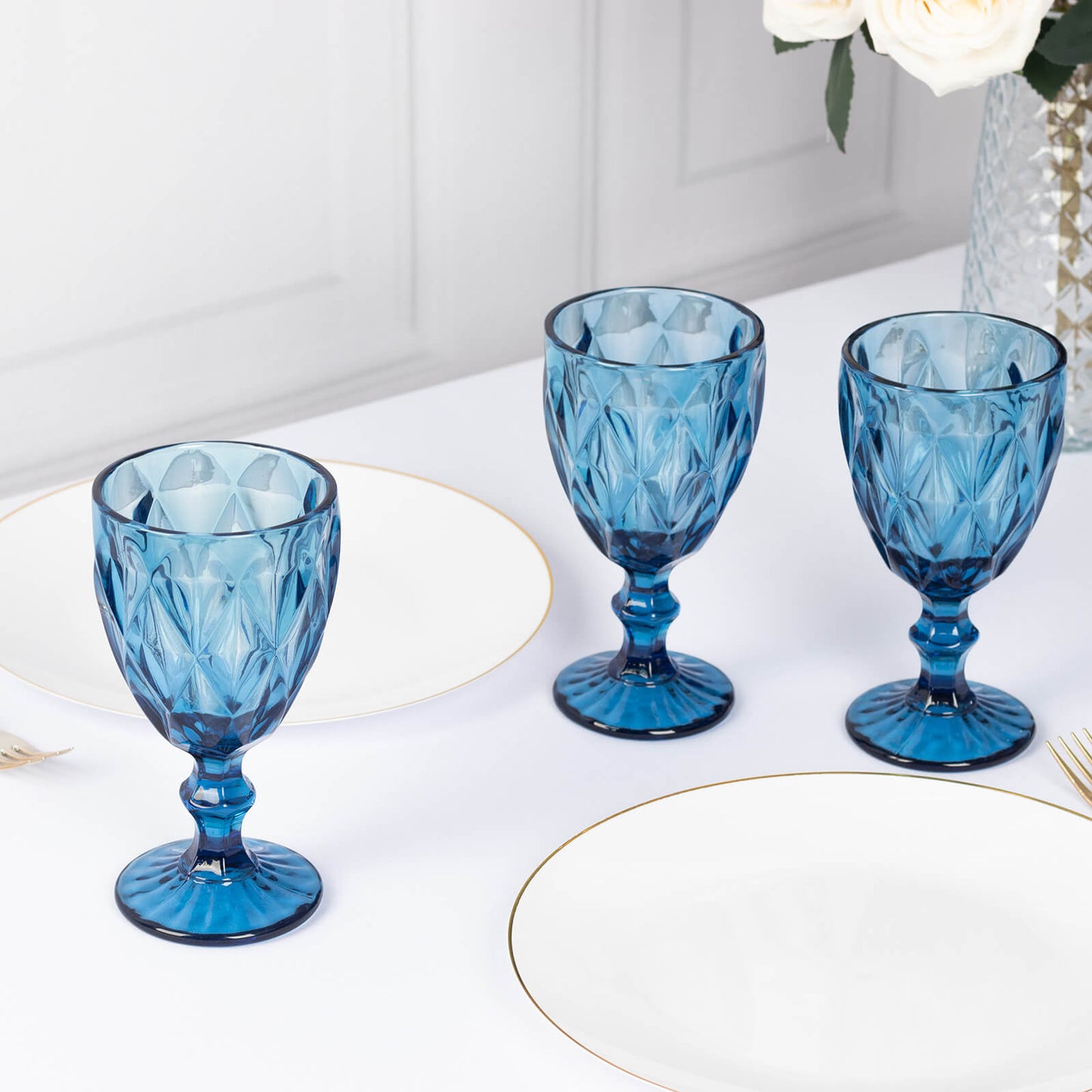 6 Pack Ocean Blue Crystal Cut Cocktail Glasses, 12oz Embossed Stemmed Colored Wine Glasses Goblets - 7"