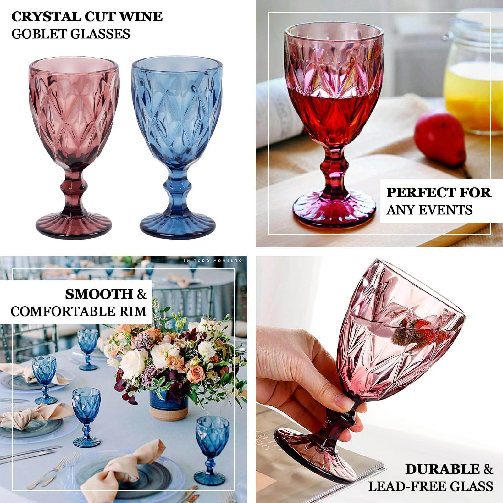6 Pack Dusty Rose Crystal Cut Cocktail Glasses, 12oz Embossed Stemmed Colored Wine Glasses Goblets - 7"