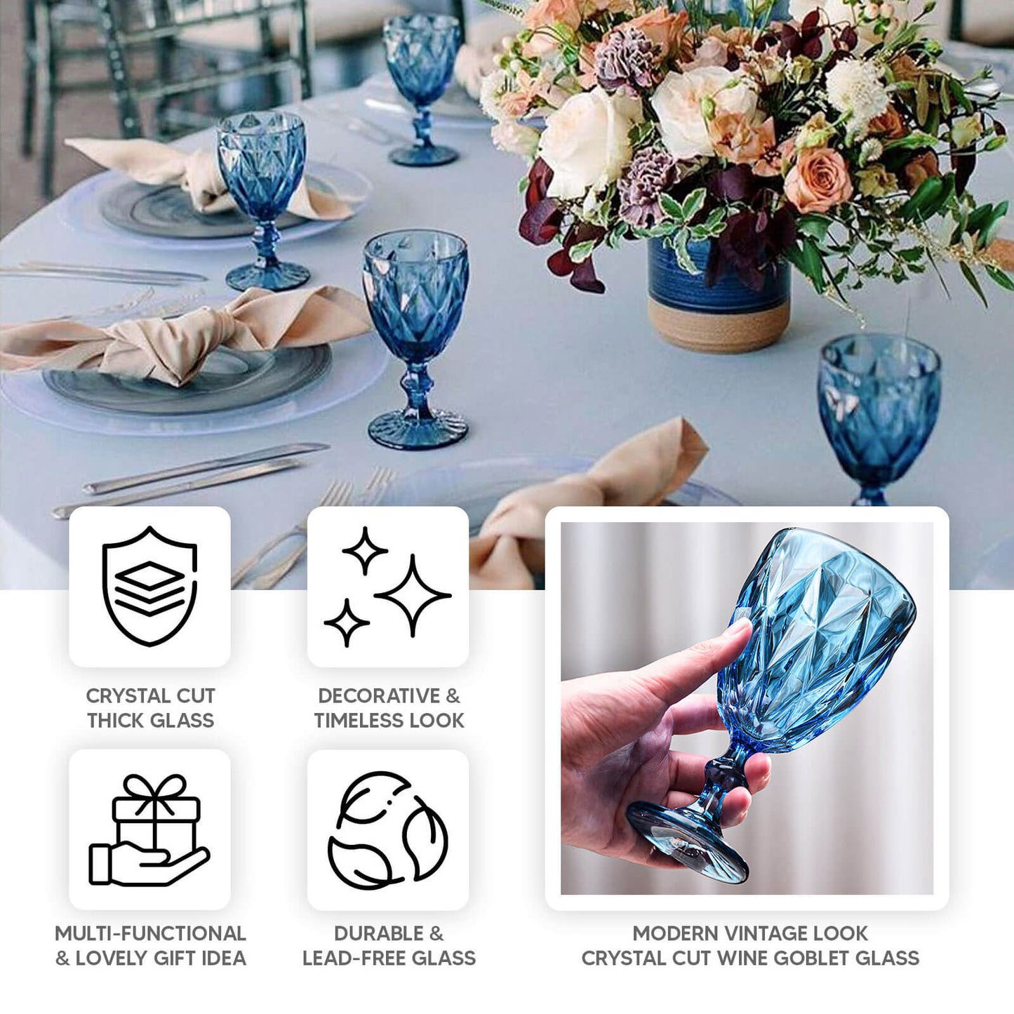 6 Pack Ocean Blue Crystal Cut Cocktail Glasses, 12oz Embossed Stemmed Colored Wine Glasses Goblets - 7"