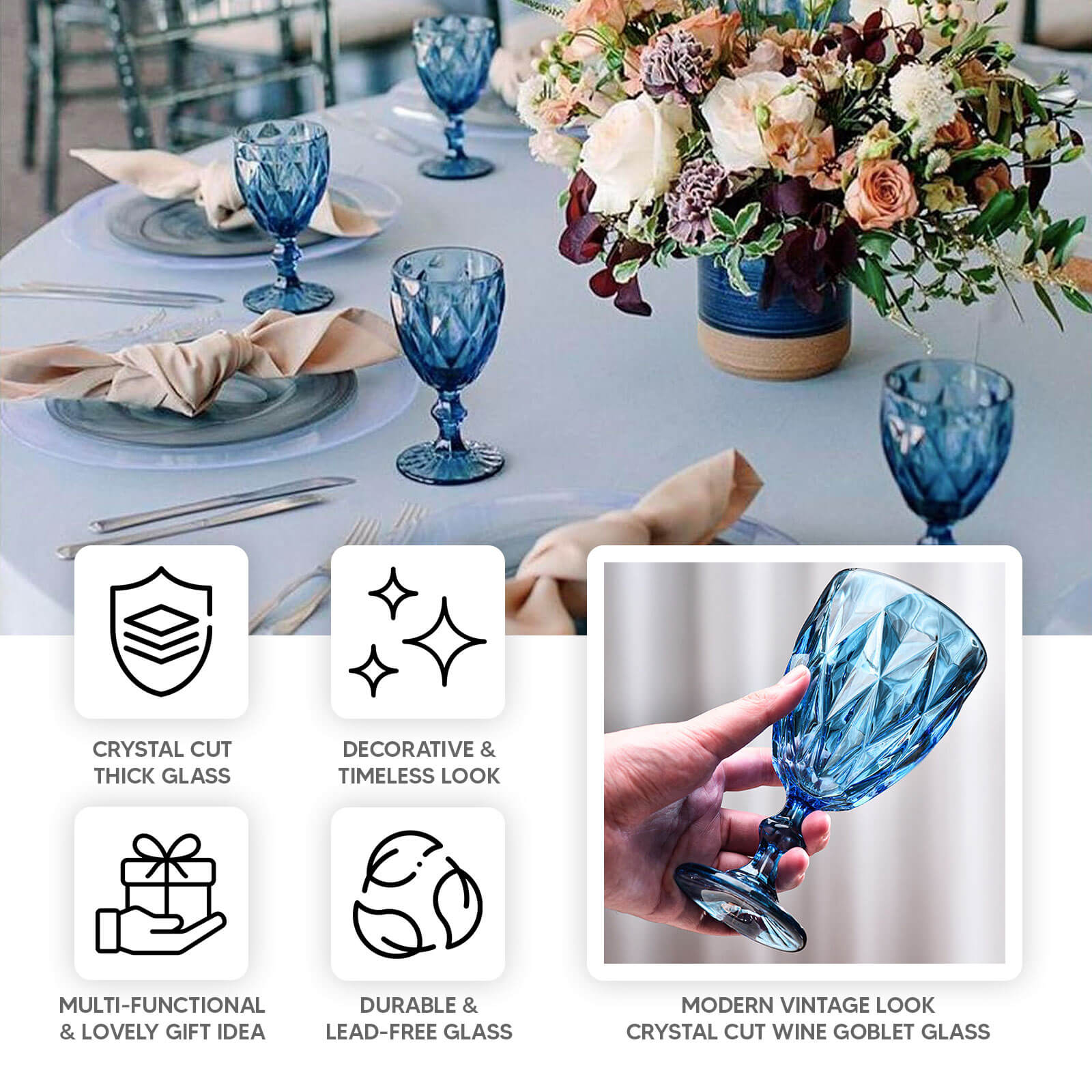 6 Pack Ocean Blue Crystal Cut Cocktail Glasses, 12oz Embossed Stemmed Colored Wine Glasses Goblets - 7"