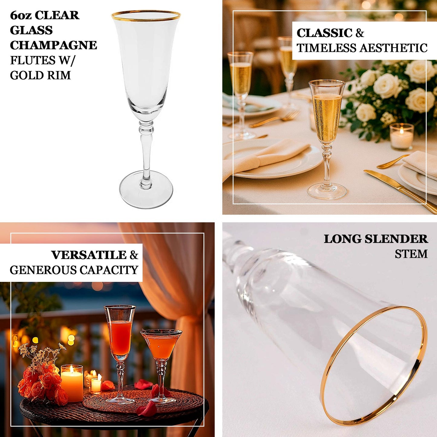 6 Pack Crystal Gold Rimmed Champagne Flute Glasses with Long Beaded Stem, 6oz Clear Toasting Cocktail Wine Glasses - 8.5"
