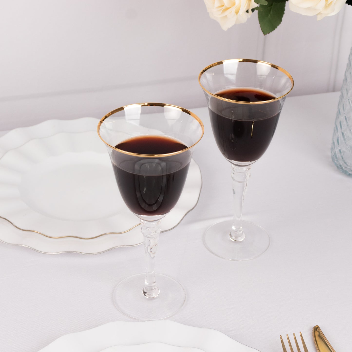 6 Pack Gold Rimmed Crystal Wine Goblet Glasses with Long Beaded Stem, 9oz Handblown Glassware Clear Vintage Water Goblet Cocktail Glasses - 8"