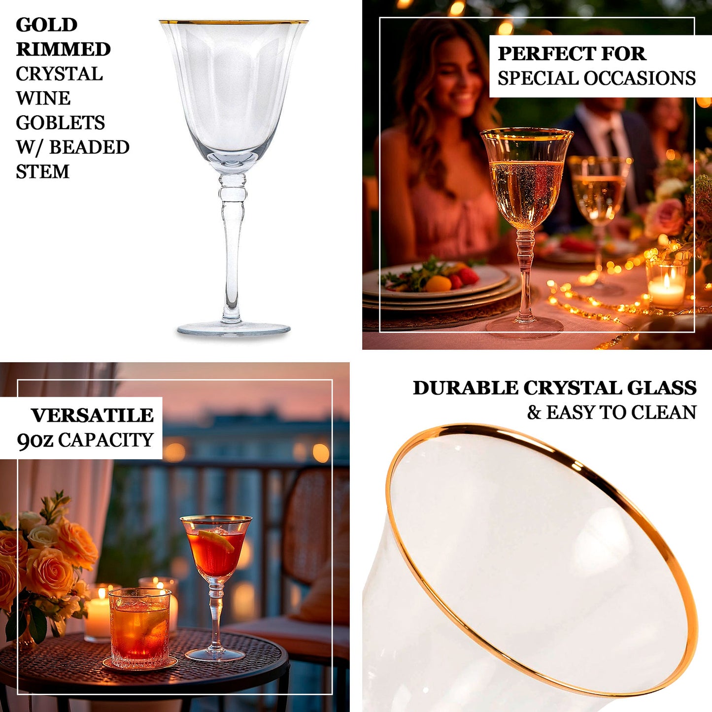 6 Pack Gold Rimmed Crystal Wine Goblet Glasses with Long Beaded Stem, 9oz Handblown Glassware Clear Vintage Water Goblet Cocktail Glasses - 8"