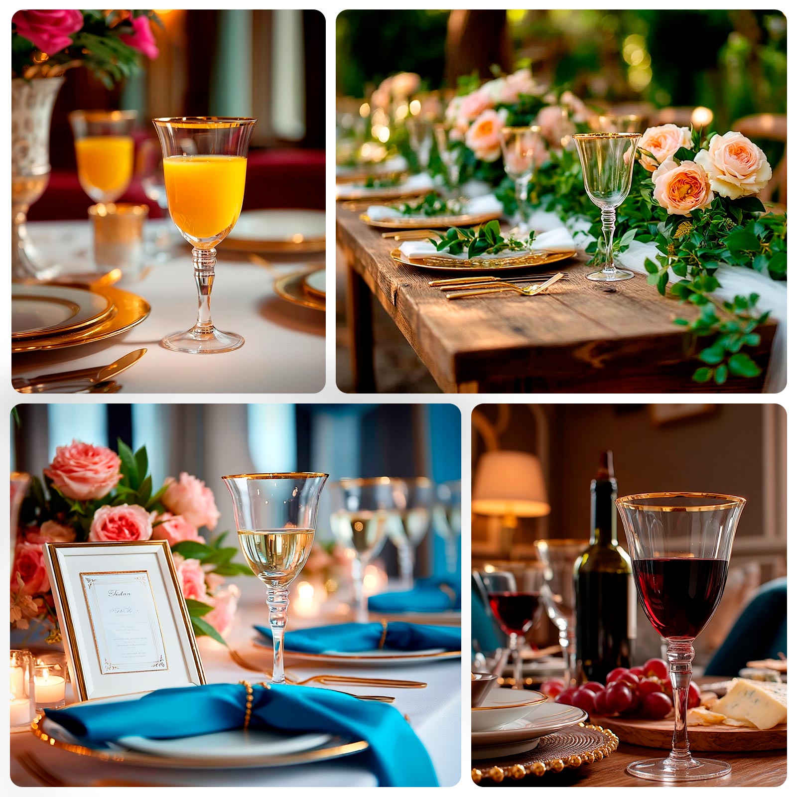 6 Pack Gold Rimmed Crystal Wine Goblet Glasses with Long Beaded Stem, 9oz Handblown Glassware Clear Vintage Water Goblet Cocktail Glasses - 8"