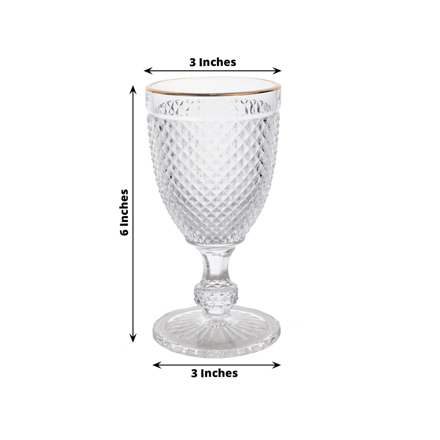 6 Pack Crystal Diamond Embossed Wine Goblet Glasses with Gold Rim, 8oz Vintage Clear Cocktail Glasses Short Stem Water Goblets - 6"