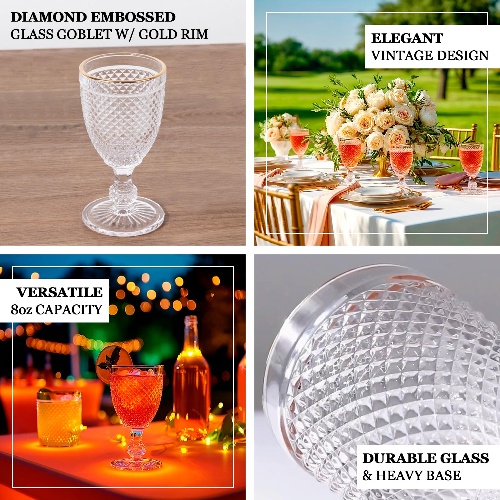 6 Pack Crystal Diamond Embossed Wine Goblet Glasses with Gold Rim, 8oz Vintage Clear Cocktail Glasses Short Stem Water Goblets - 6"