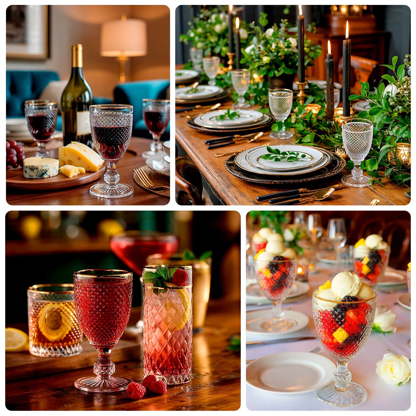 6 Pack Crystal Diamond Embossed Wine Goblet Glasses with Gold Rim, 8oz Vintage Clear Cocktail Glasses Short Stem Water Goblets - 6"