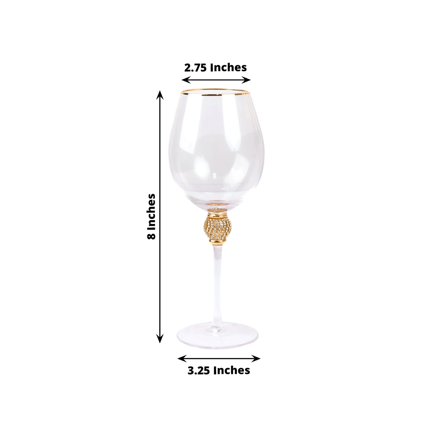 Gold rimmed crystal wine goblet with rhinestone-studded stem, elegant clear design.