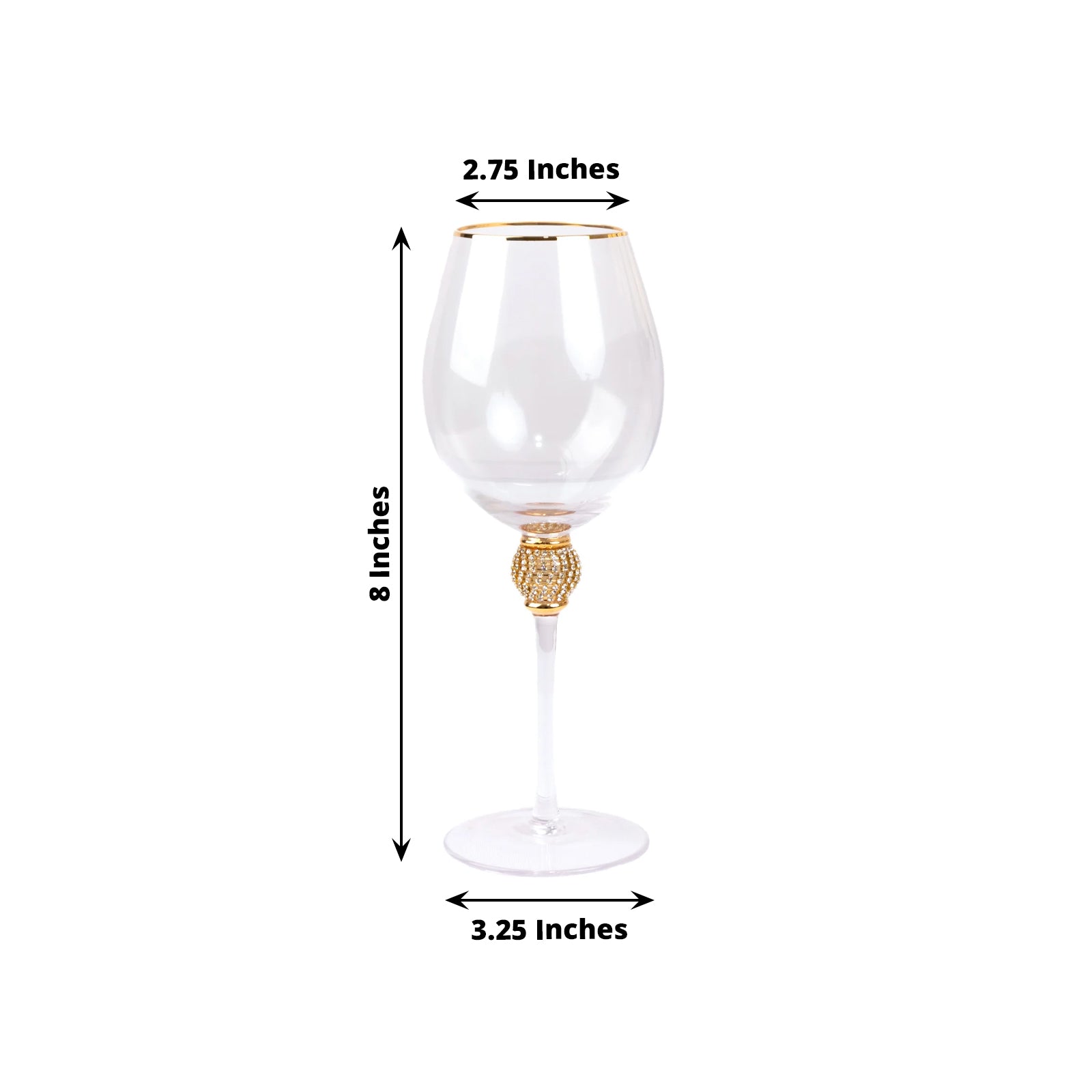 Gold rimmed crystal wine goblet with rhinestone-studded stem, elegant clear design.