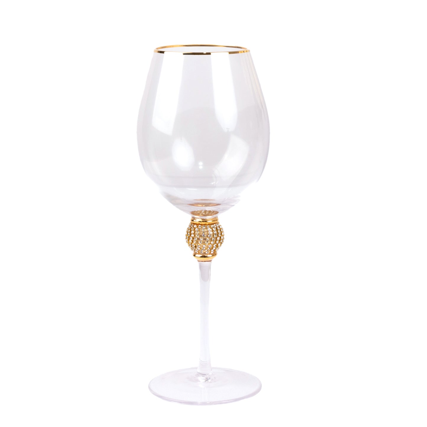 Gold rimmed crystal wine goblet with rhinestone stem, 16oz, vintage style. #whtbkgd