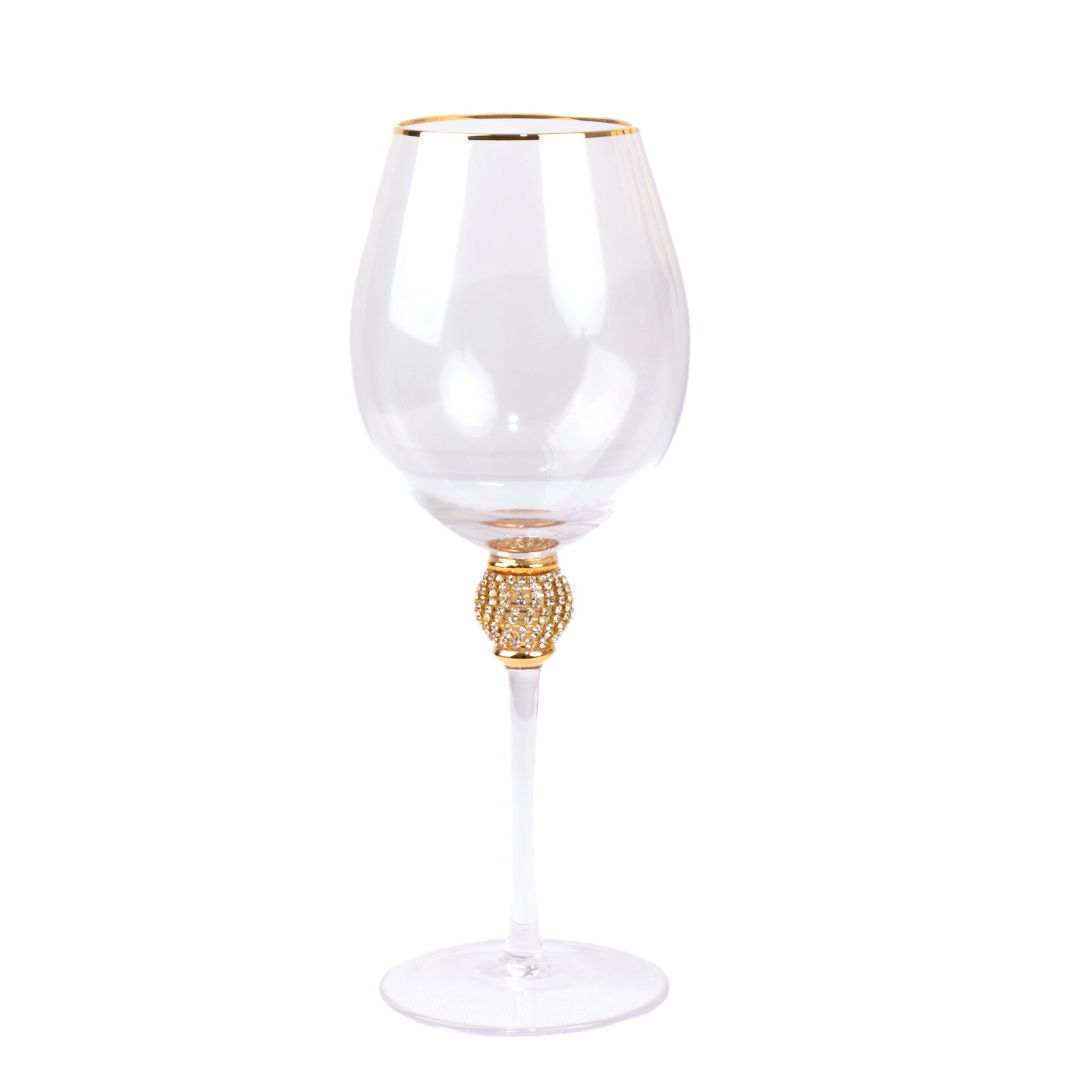 Gold rimmed crystal wine goblet with rhinestone stem, 16oz, vintage style. #whtbkgd