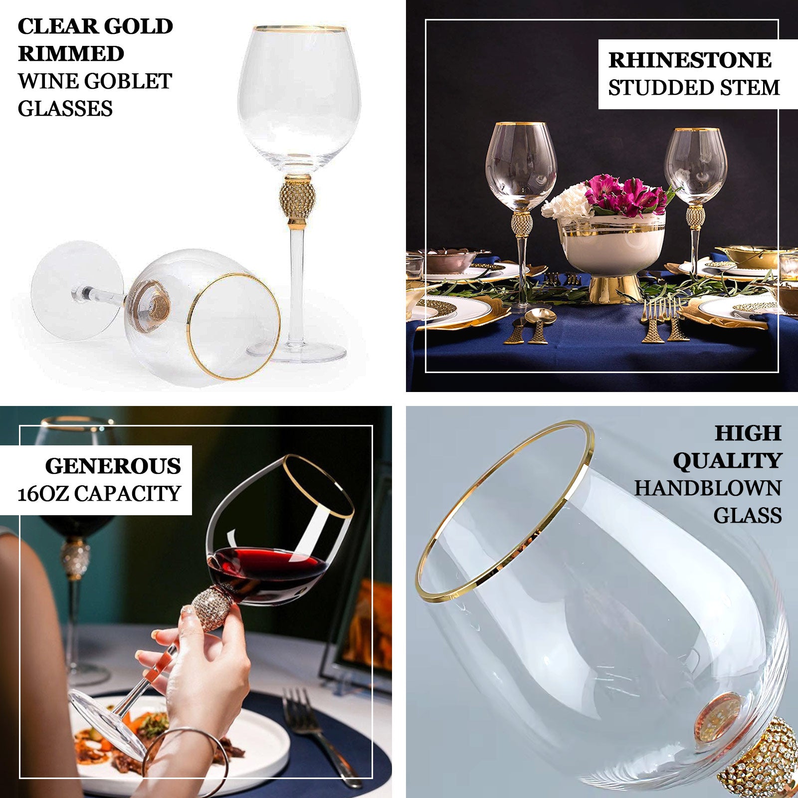 Gold rimmed crystal wine goblet glasses with rhinestone studded stem.