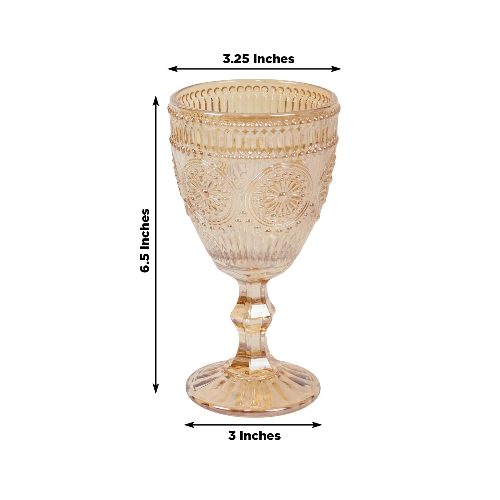 Amber gold vintage goblet with floral design, 11oz capacity.