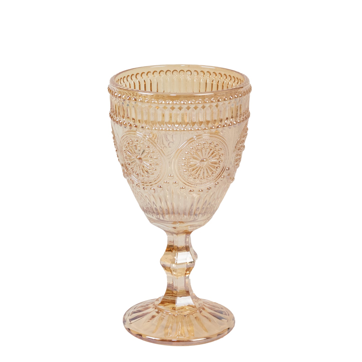 Amber gold vintage goblet with floral design, perfect for cocktails and wine.