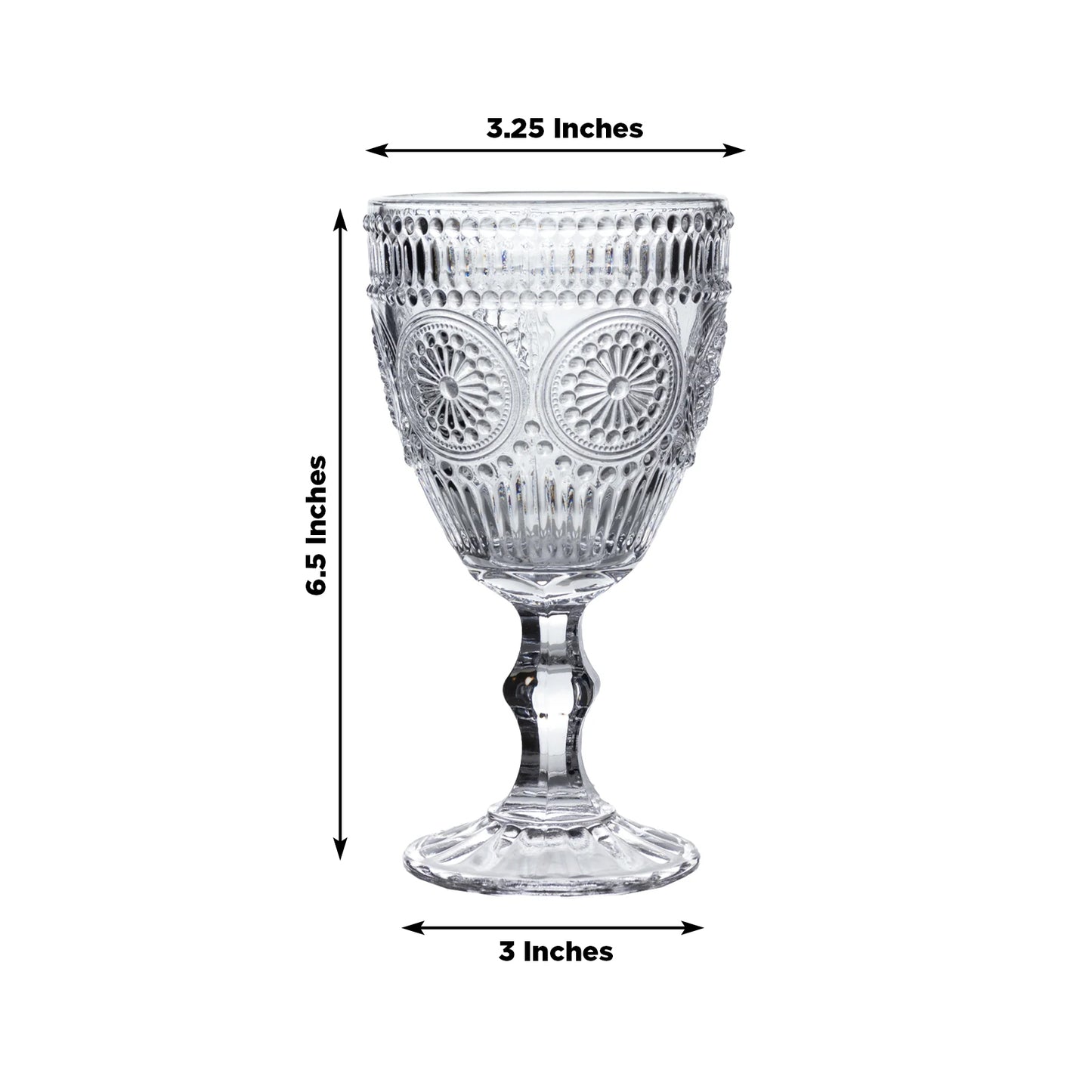 Clear vintage goblet with floral design, 11oz, embossed glass.