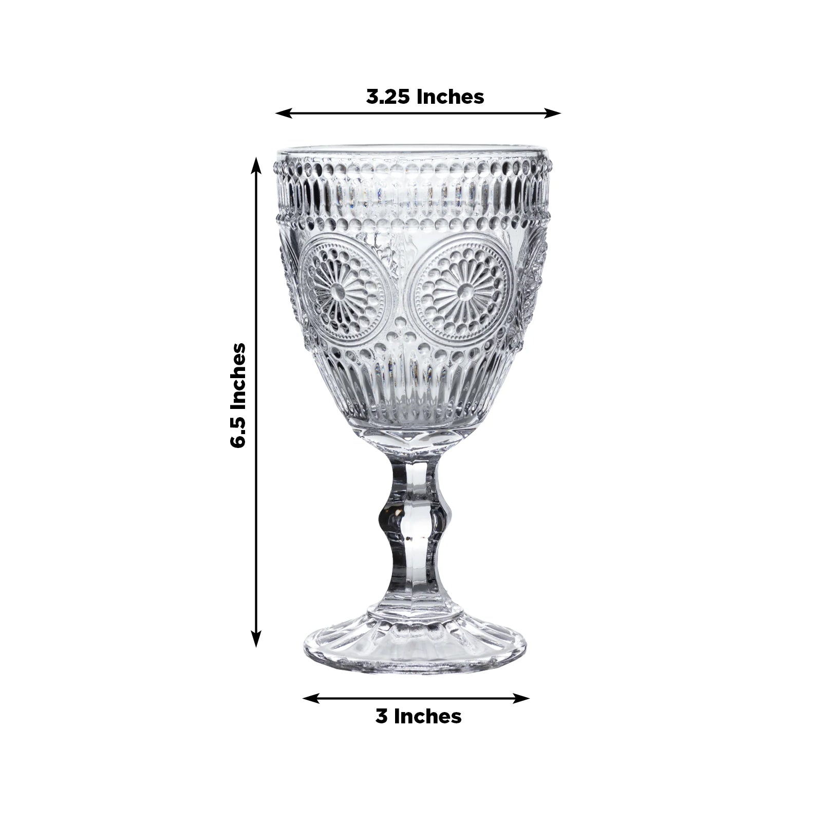 Clear vintage goblet with floral design, 11oz, embossed glass.