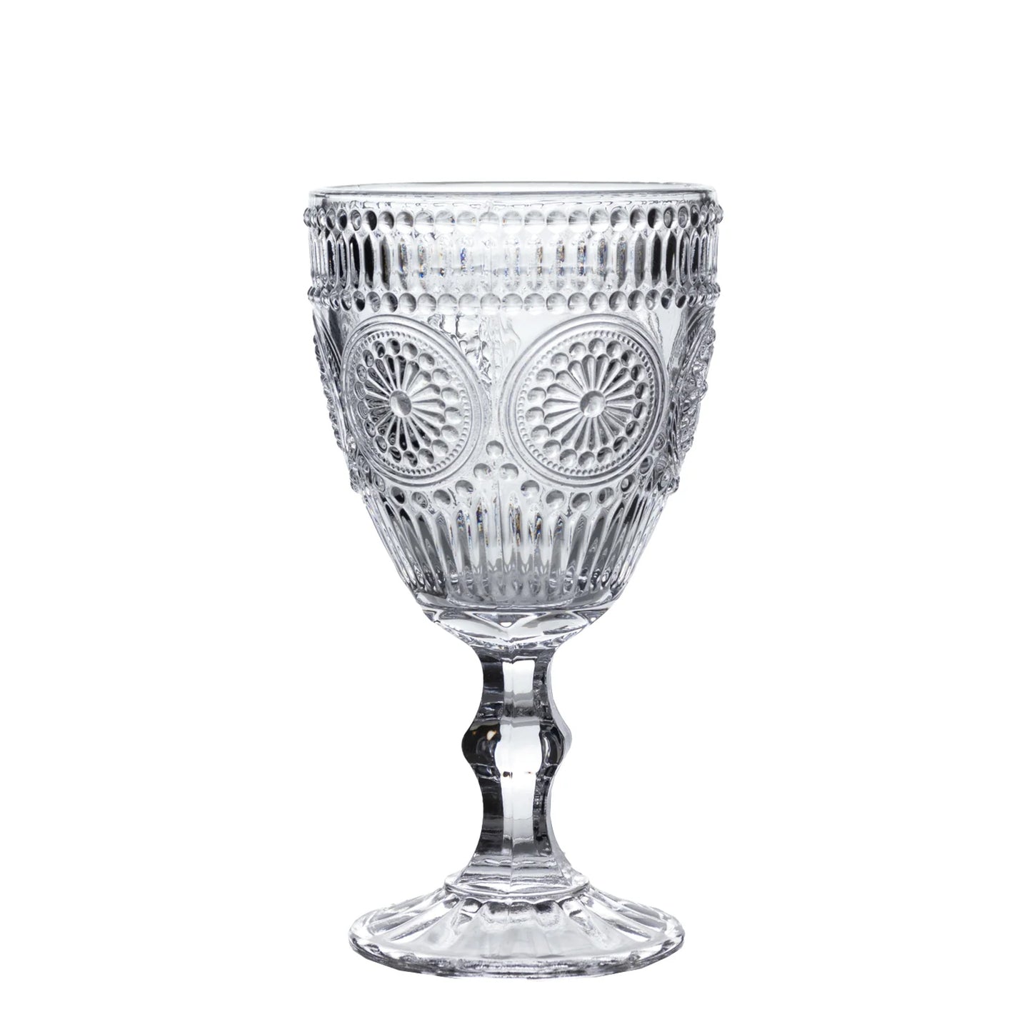 Clear vintage embossed goblet with floral design, 11oz capacity.