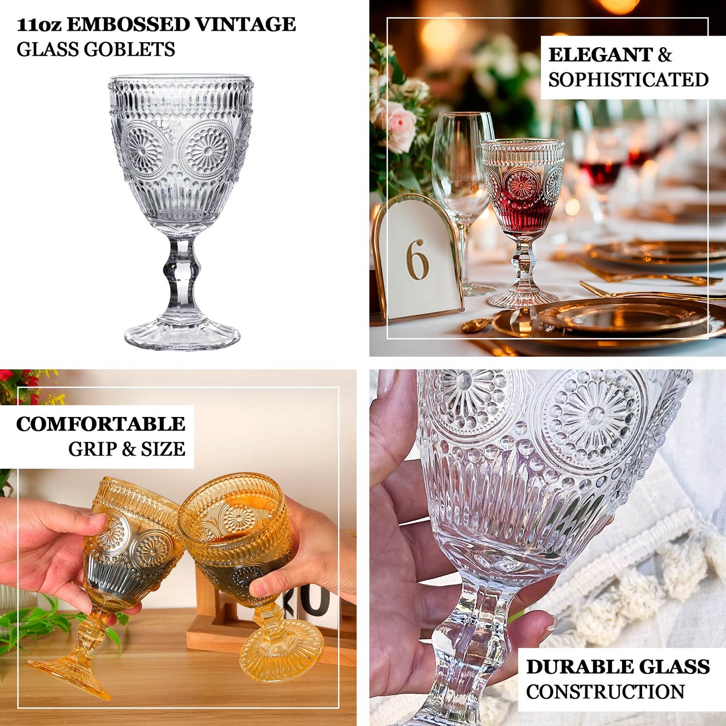 Clear vintage embossed goblets with floral design, perfect for cocktails and wine.