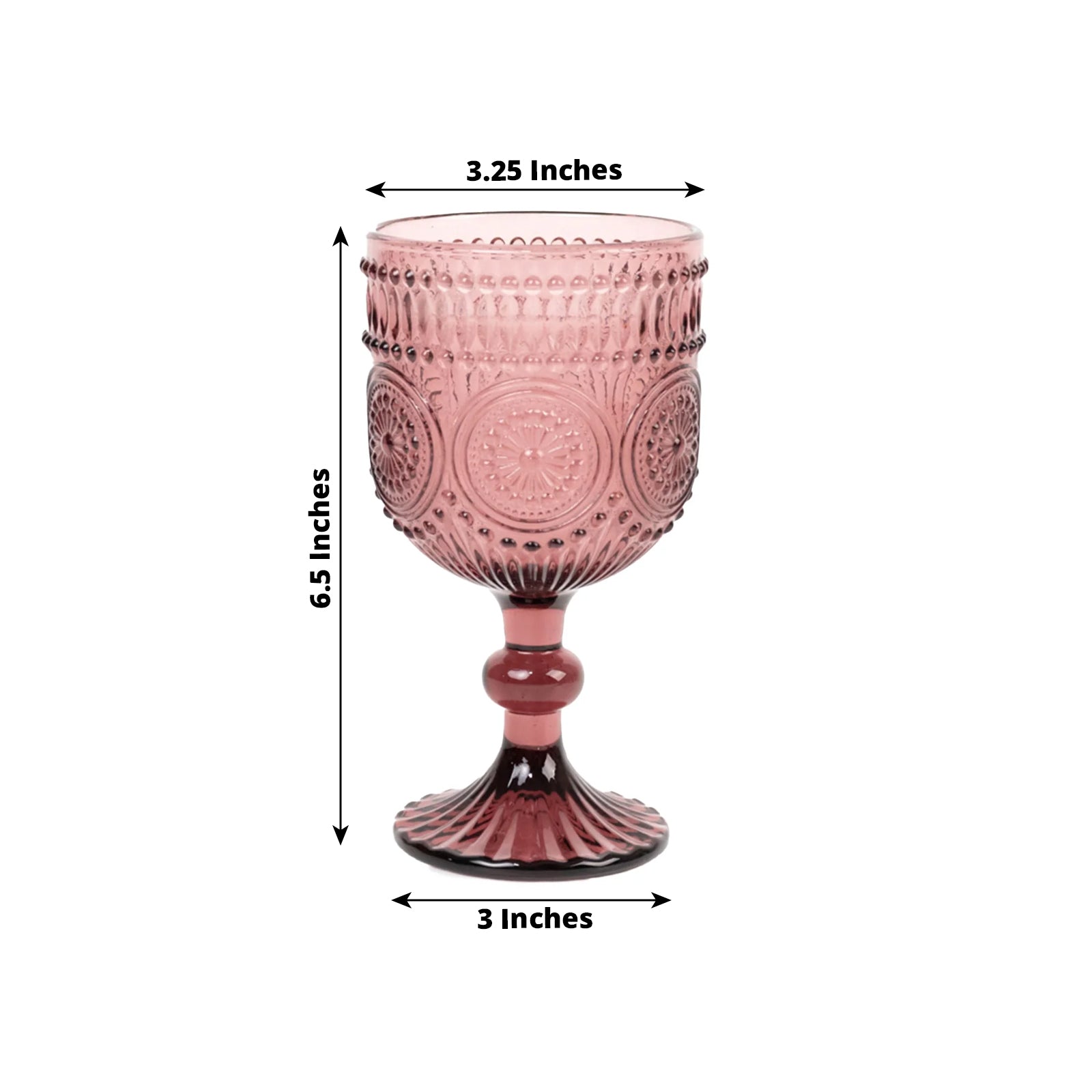 Dusty rose vintage embossed goblet wine glass with floral pattern.