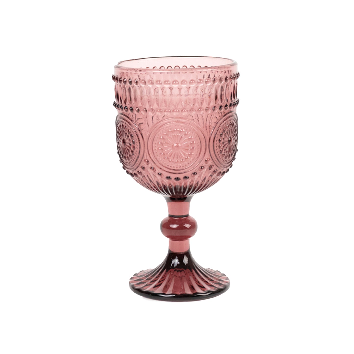 Dusty rose vintage embossed goblet wine glass with floral pattern.